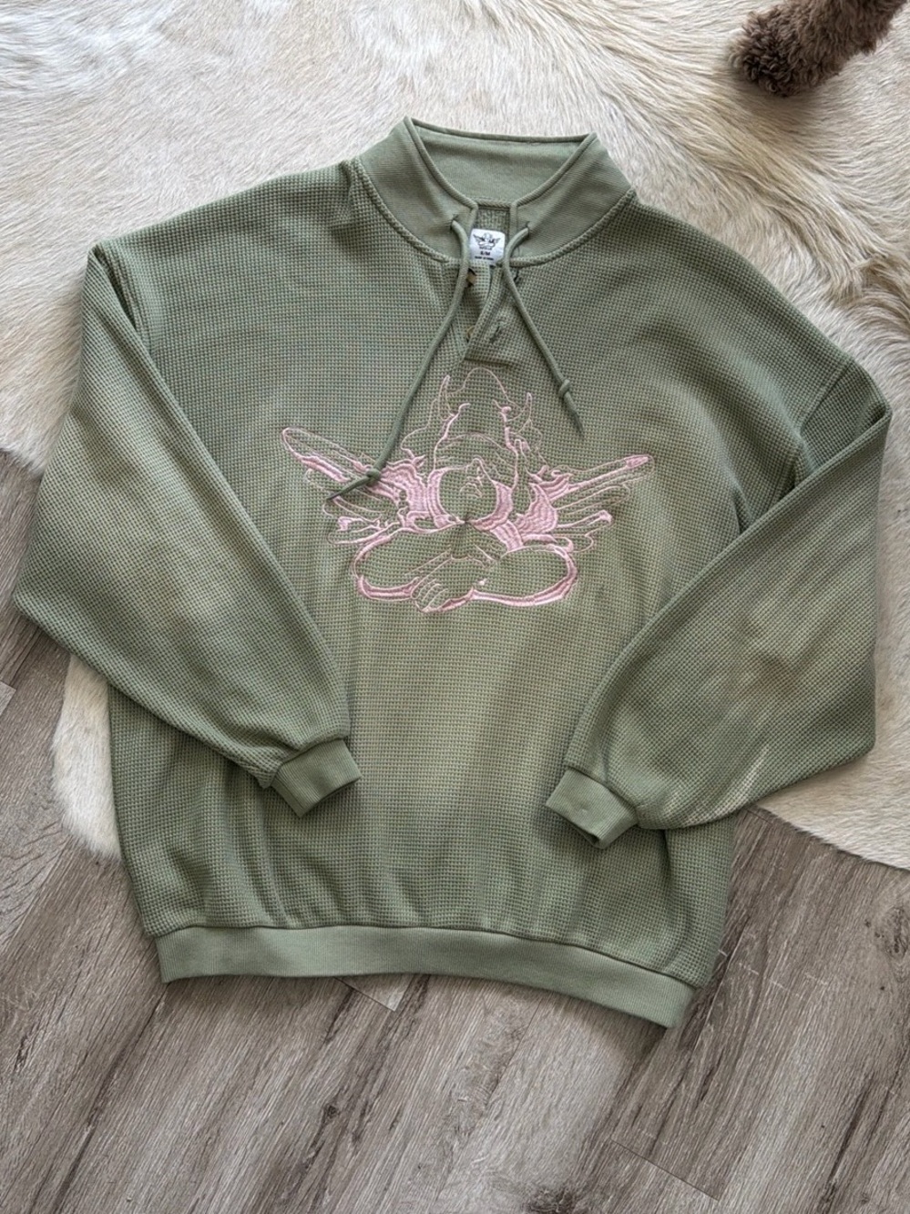 EUC - Boys Lie Olive Green Embroidered Thermal Pullover Sweater